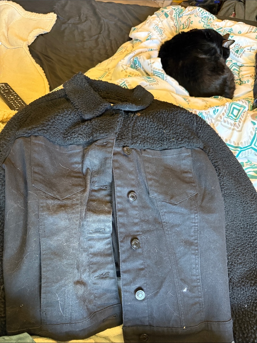 Shyanne Button Front Sherpa Denim Jacket Women Large Black Grunge Downtown Retro